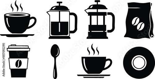 Coffee icons collection featuring cup, French press, coffee bag, spoon, and donut for beverage design and branding 