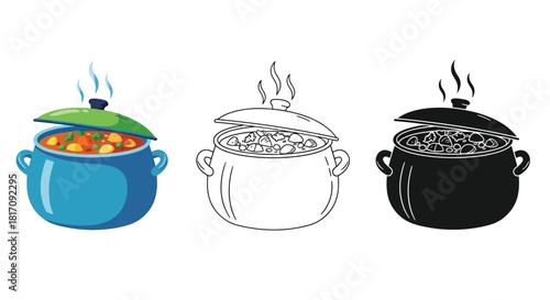 Three variations of a steaming pot of soup in different colors