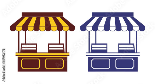 Two colorful market stalls with striped awnings a simple graphic illustration