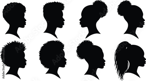 Diverse silhouettes of individuals showcasing unique hairstyles and profiles in a creative vector illustration format 
