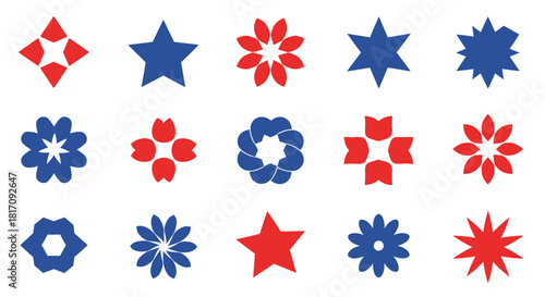 Collection of colorful star and floral shaped icons in red and blue