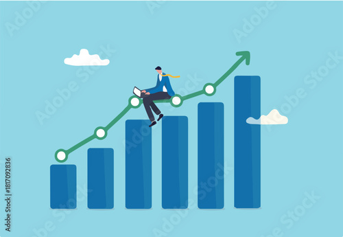 Work improvement, increase performance or growing business, make profit or earn more income, efficiency or productivity concept, businessman working with laptop on improvement data chart and graph.