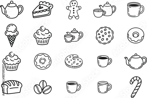 Coffee and Bakery Doodle Icon Set – Hand Drawn Café Desserts, Cute Sweets & Drinks Line Art Vector