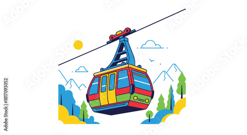Colorful cable car traveling through a mountainous landscape on a sunny day