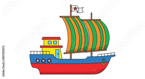 Colorful cartoon illustration of a viking ship with a red hull