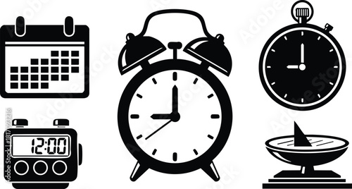 Time management icons featuring clocks, alarm clocks, and calendars for productivity enhancement 