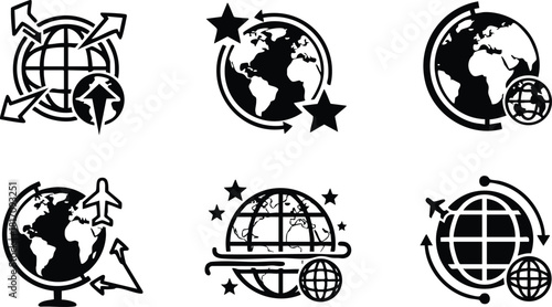 Globe icons with travel themes and directional elements for graphic design projects 