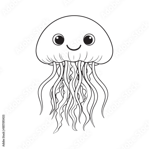 Smiling cartoon jellyfish with flowing tentacles in a cheerful ocean scene.