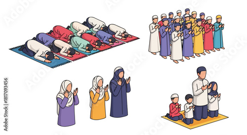 Diverse group of people in prayer representing islamic faith and devotion