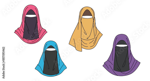 Four colorful depictions of traditional islamic niqabs or face veils