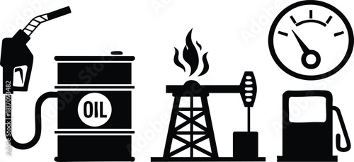 Oil industry symbols including fuel pump, oil barrel, drilling rig, and fuel gauge for energy graphics 
