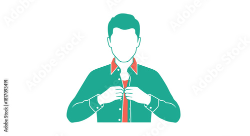A teal silhouette of a man buttoning up his red collared shirt