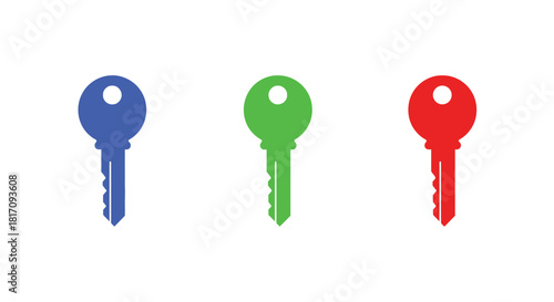 Three colorful keys in blue green and red isolated on white