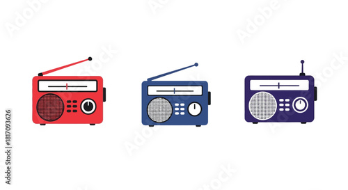 Three colorful vintage portable radios with antennas displayed in a row