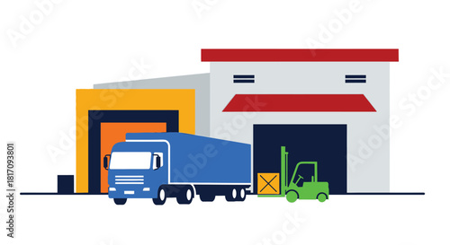 Simple illustration of a warehouse with a delivery truck and forklift