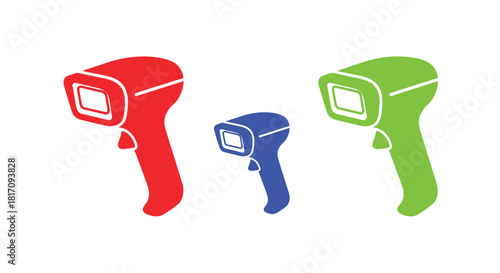 Three colorful barcode scanners in red blue and green isolated on white