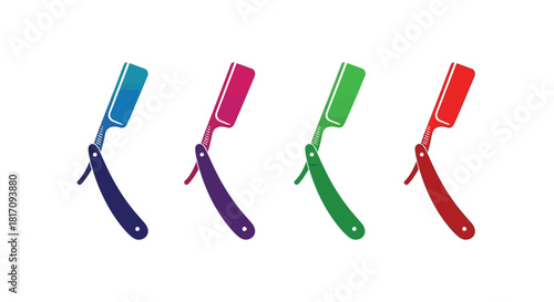 Four colorful straight razors displayed in a row on a white background