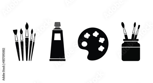 Black and white illustration of painting supplies brushes paint and palette