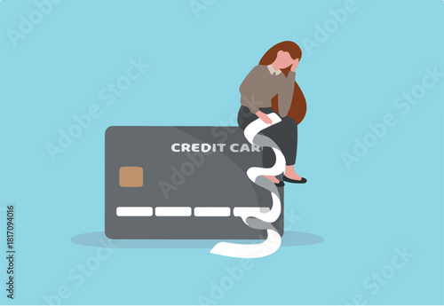 Credit card debt problem, overspend or shopping trouble, consumerism or buying addicted causing financial problem concept, hopeless woman sitting with long list overdue bills on credit card.