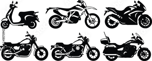 Various motorcycle types including scooters and cruisers showcased in a sleek vector design for enthusiasts and graphic projects 