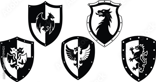 Shields featuring different mythical creatures in black and white, perfect for fantasy-themed designs or illustrations 