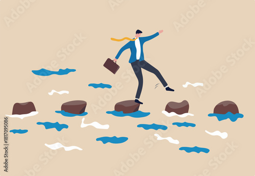 Stepping stones to success, progress or milestone pathway to achieve target, small step to overcome difficulty, development stages concept, confidence businessman stepping on stones across ocean.
