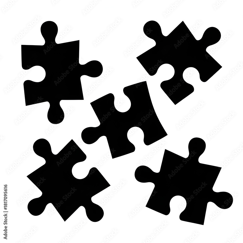 Fototapeta premium Scattered black jigsaw puzzle pieces — minimal puzzle icon set, game pieces silhouette for education, teamwork and problem-solving concept