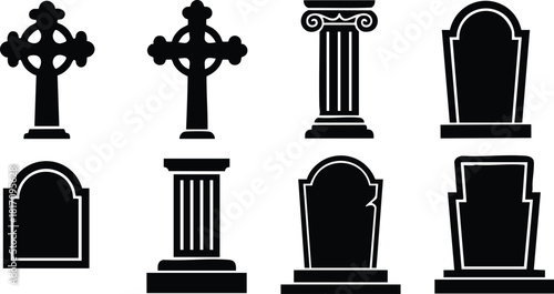 Various types of gravestones and memorials in black silhouette design for Halloween or remembrance themes 