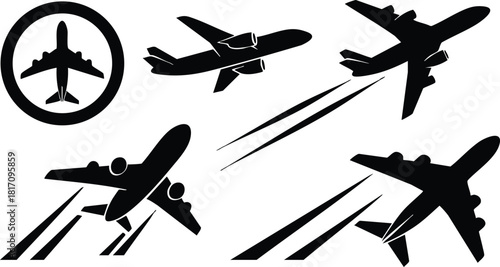 Airplane vector illustrations featuring different flying positions and designs for travel and transport needs 