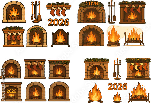 Decorative fireplace illustrations for holidays and winter themes featuring flames, stockings, and festive elements