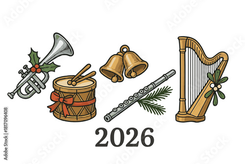 Musical instruments and decorations for a festive celebration in 2026 with bells, a flute, a drum, and a harp
