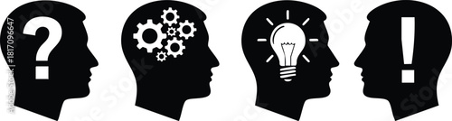 Thought process illustration showing question mark, gears, light bulb, and exclamation mark representing different stages of understanding 