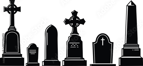 Various styles of gravestones and memorials in silhouette vector illustration for design projects 