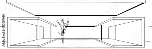 Abstract architectural drawing of a futuristic building interior perspective