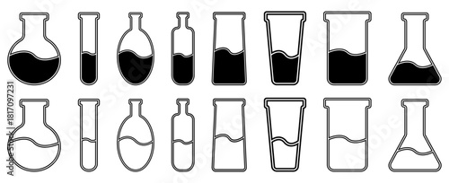 Vector drawing of glass tubes, flasks for chemical experiments, empty and filled. Glass flask for alchemy, magic drinks. A set of flasks for the design of magical rituals. Black and white.