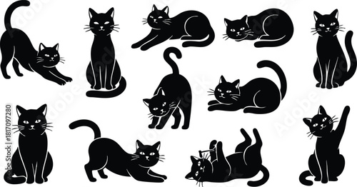 Various poses of playful black cats in a stylish vector illustration for pet enthusiasts 