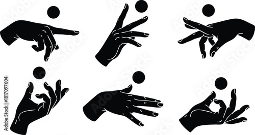 Hand gestures demonstrating juggling techniques with a ball in various positions and movements for skill development 