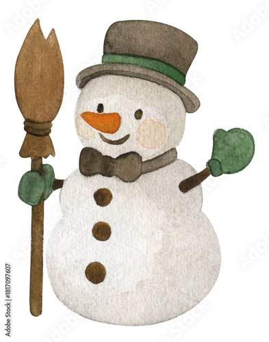 Snowman with a broom