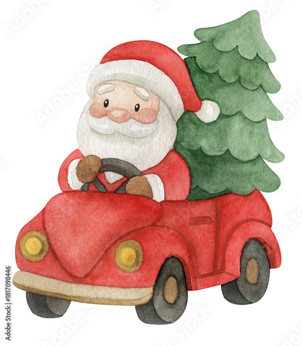 Santa Claus on a car. Christmas illustration