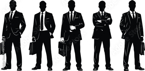 Five Professional Businessmen Silhouettes in Suits Holding Briefcases Standing Executive Leadership Corporate Management Team Vector Illustration Set Black