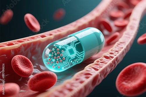  a futuristic smart pill traveling through a human artery. Smart Pill in Bloodstream