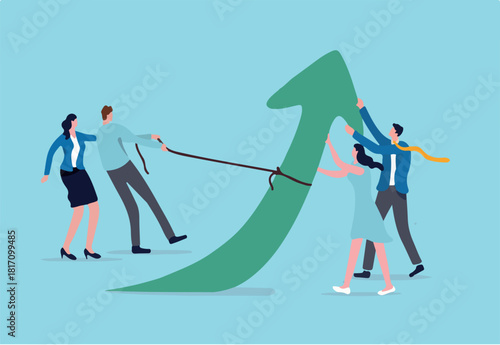 Teamwork and collaboration colleagues, togetherness and support each other to achieve business goal concept, group of businessmen and women office workers help and support to pull arrow rising up.