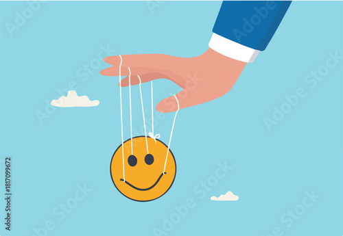 Control emotion or expression, emotional intelligence manage positive way to solve problem and conflict concept, businessman hand tied with string to control, manipulate smile face like puppet doll.