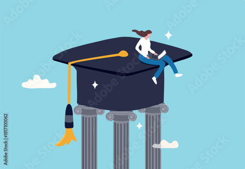 Curriculum, learning or education, student academic, study new knowledge or scholarship, learning lesson, certificate or graduated concept, smart woman learning with laptop on mortarboard pillars.