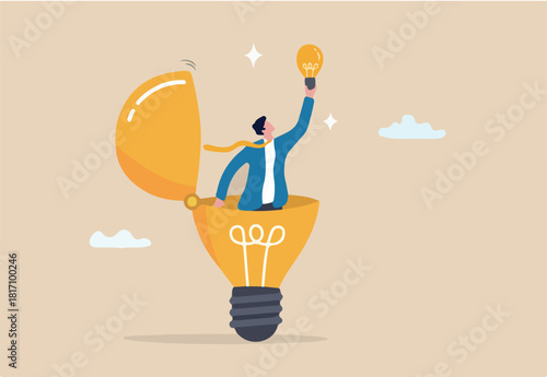 Discover insight or intelligence solution, best result or outcome, solving or finding solution, search new innovation, opportunity or invention, research concept, businessman find new lightbulb.