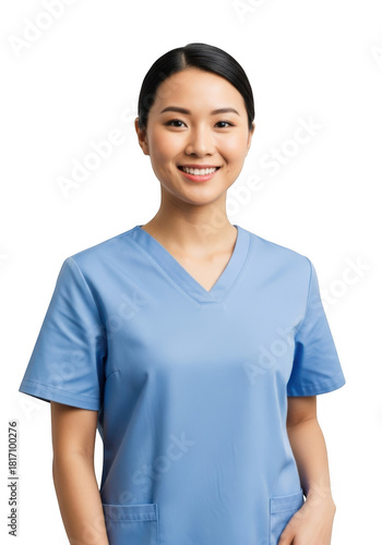Smiling asian woman healthcare professional wearing light blue scrubs against a solid black background studio portrait