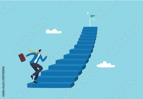 Stair to success, career path or step to achieve business target, ladder of success, improvement or challenge to reach goal, growth or ambition concept, businessman running up stair to reach goal. 