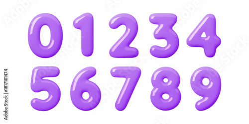 Cute glossy 3D number set in soft purple bubble style. Bright purple inflated digits with smooth volume create a fun 3D number look for kids, birthday themes, stickers and playful designs