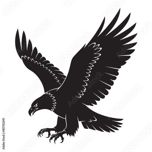 Silhouette of a soaring eagle with outstretched wings in midflight.