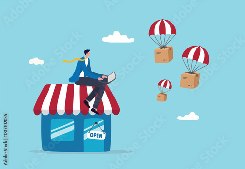 Dropshipping business model by open e-commerce website store and let supplier ship product directly to customer concept, businessman using computer with delivery drop ship package flying parachute.